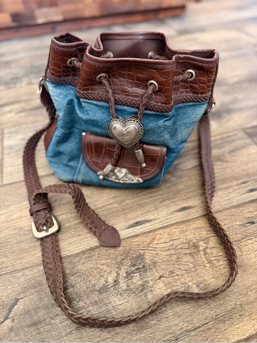 Vintage Brighton denim and brown faux-croc leather drawstring bucket bag adorned